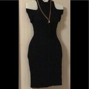 Black High Neck Ribbed Cold Shoulder MIDI Pencil Dress~S